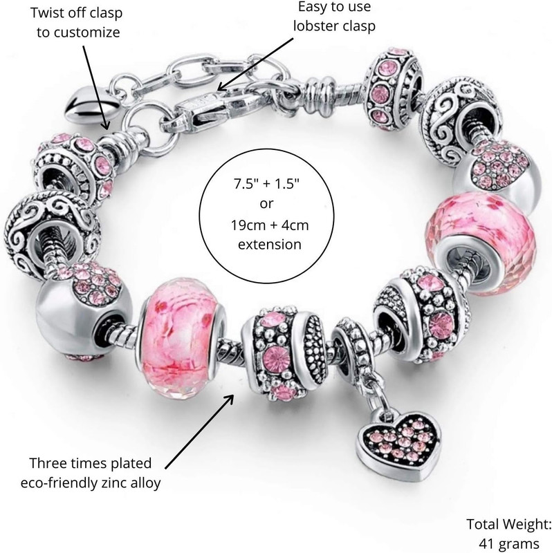 Capital Charms Pink Hearts Silver Plated Charm Bracelet Set, Jewelry Gifts with gallery