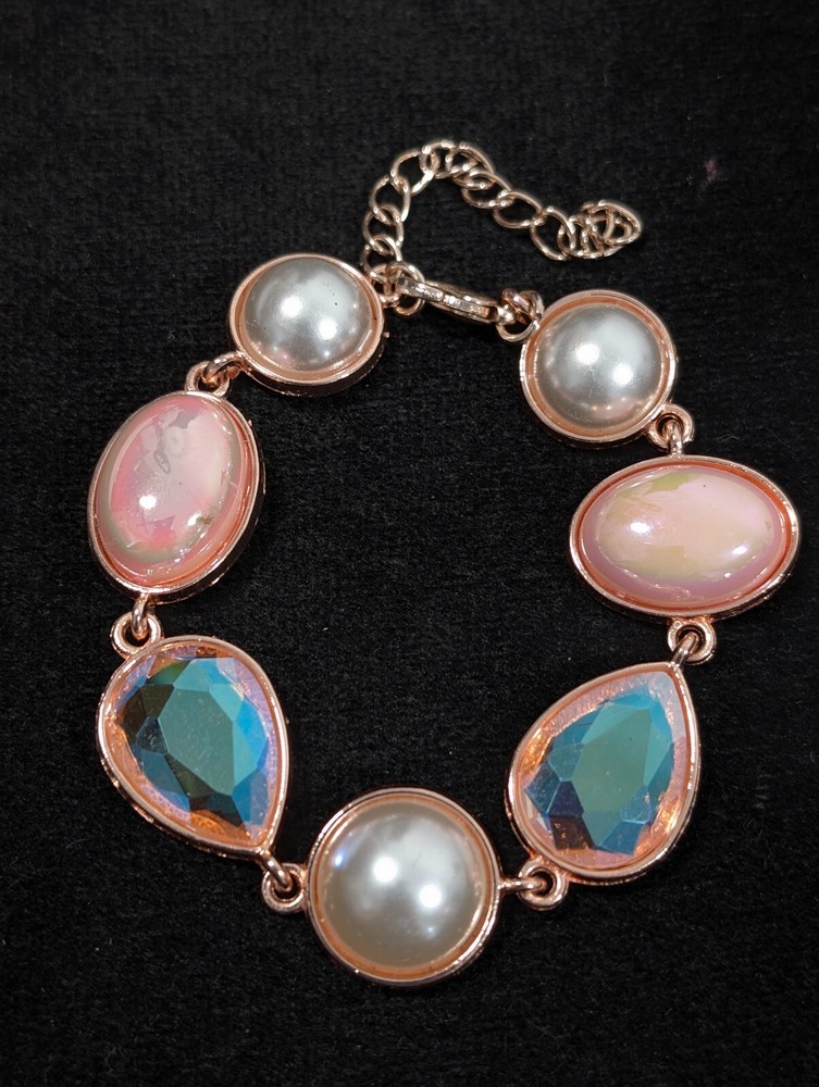 Rose Gold Tone Pink Iridescent AB Crystal Faux Pearl Bezel Tennis Bracelet 9 in