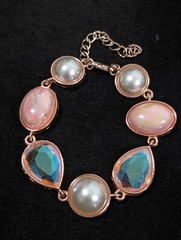 Rose Gold Tone Pink Iridescent AB Crystal Faux Pearl Bezel Tennis Bracelet 9 in