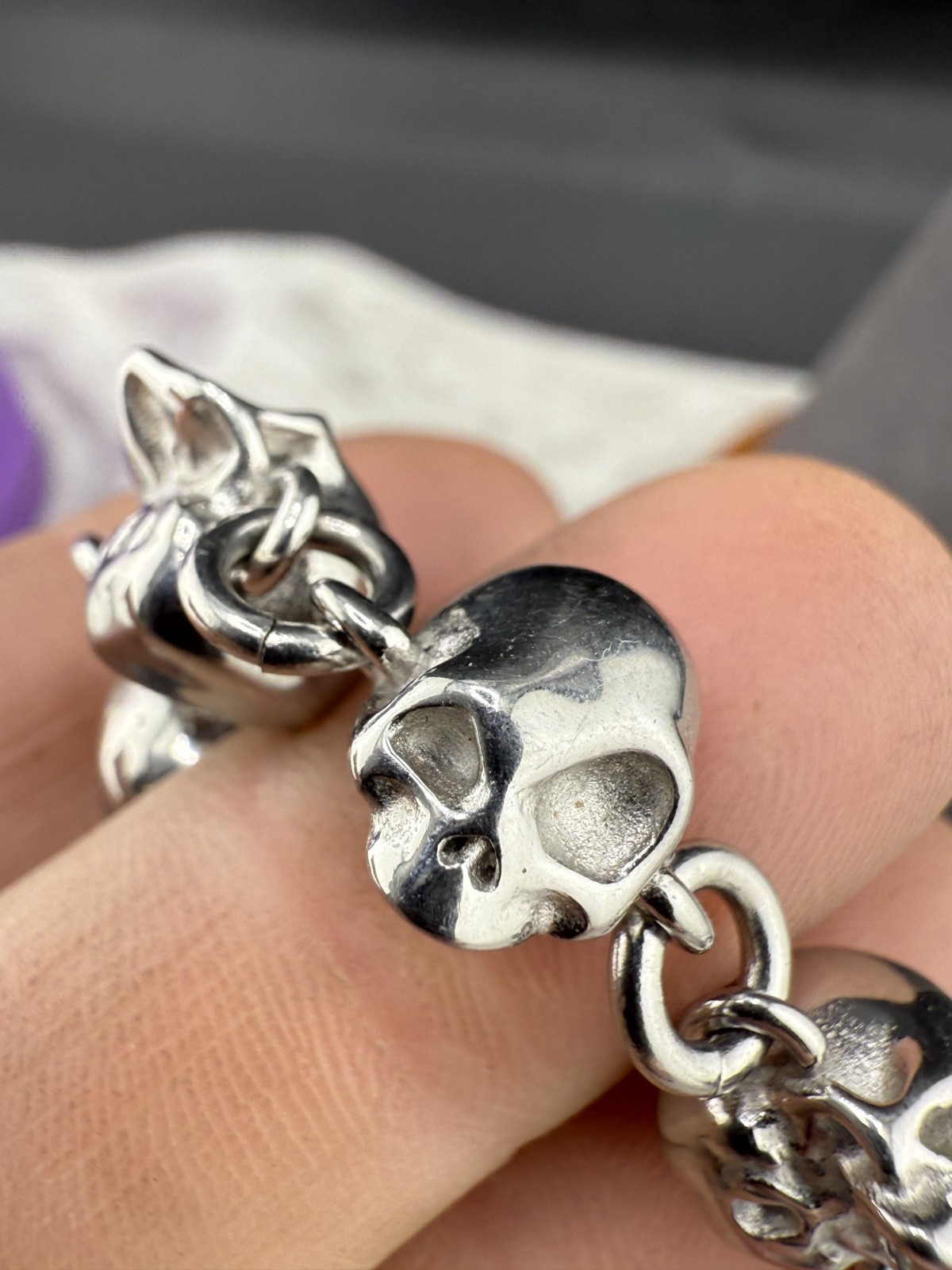 Skull Charm Bracelet Goth Steampunk Silver Tone 6" gallery