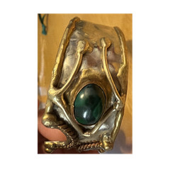Silver Tone Metal Cuff Bracelet Bezel Set Oval Green Stone Cabochon