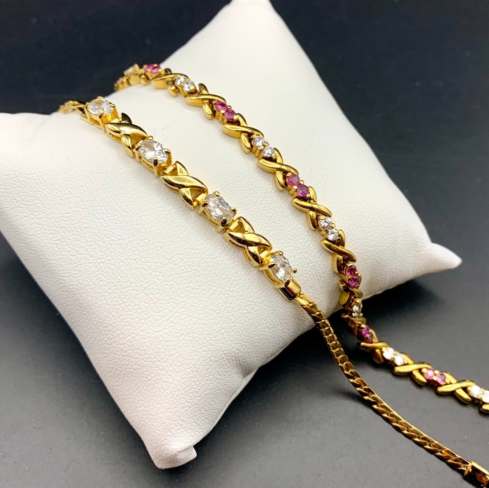 Lot of 2 Tennis Bracelets Crystal & Pink Rhinestones Hugs & Kisses Gold Tone gallery