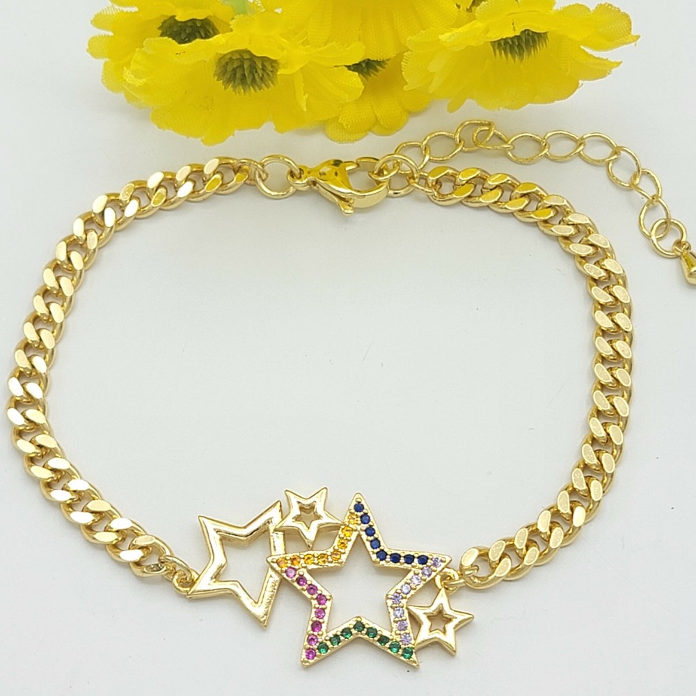 14K Gold Plated. Multicolor crystals sparkling Stars Curb Chain Bracelet.
