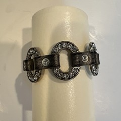 Grey Leather Strap rhinestone Silver tone Bracelet Fits Wrist 7-8” Adjustable