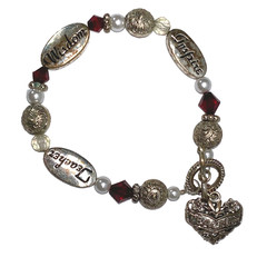 Teacher Inspire Wisdom Heart Charm Toggle Bracelet Silver Tone Beads Red Gems