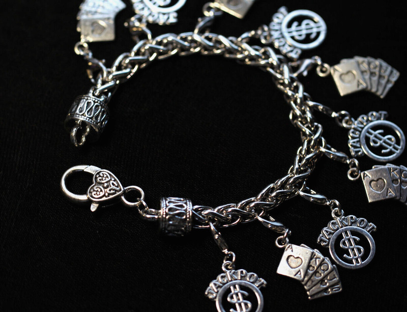 Jackpot Royal Flush Charm Bracelet Silver Pewter Charms 8" Interchangeable Vegas gallery