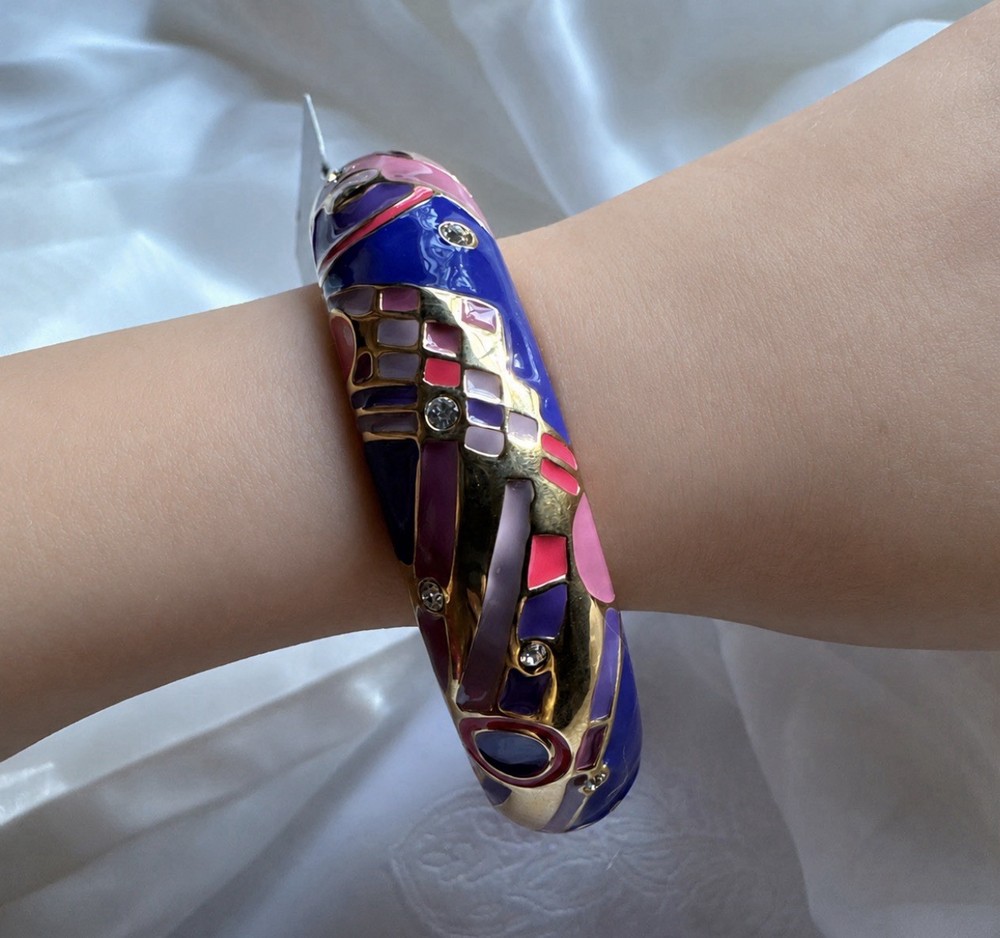 Sequin Brand Purple Pink Goldtone Rhinestone Enamel Bracelet 1" Wide Bangle NEW
