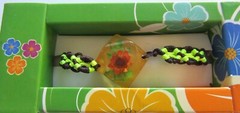 Bracelet- DRIED FLOWER- slider cord chain- resin- orange green- diamond shape