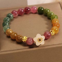 Rainbow Crystal Gemstone Bracelet Jade Flower Charm Colorful Energy Jewelry 7″