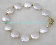 Fashion Handmade Natural White 11-12mm Coin Freshwater Pearl Bracelet 7.5″