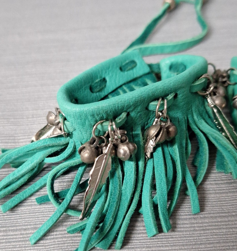Pair of Faux Leather Bracelet Green Fringe Cuffs Bell Feather Bead Boho Festival gallery
