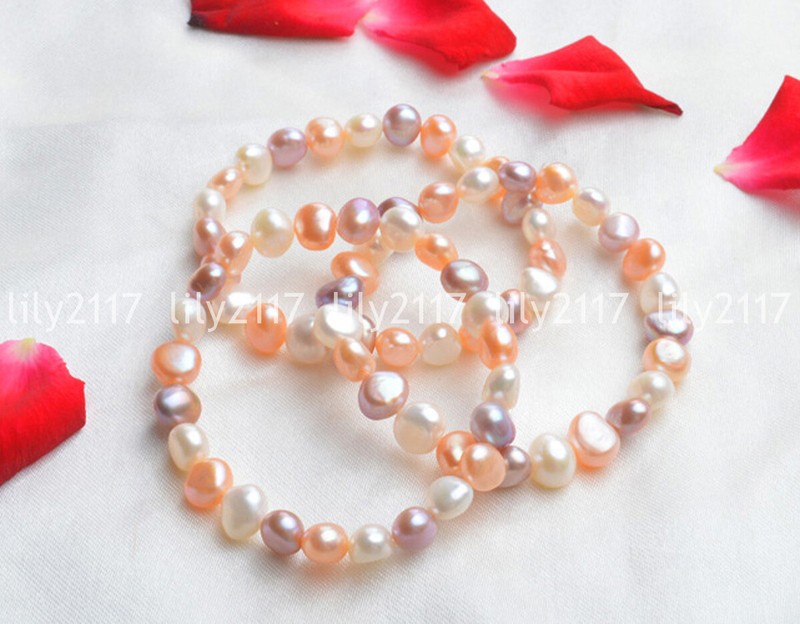 Genuine 8-9mm White Pink Purple Natural Freshwater Baroque Pearl Bracelets 7.5'' gallery