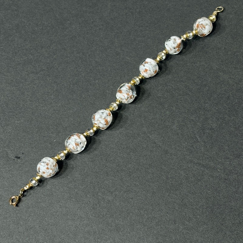 Murano Art Glass Bead Bracelet White Copper Foil Accent Gold Tone Clasp Unique gallery
