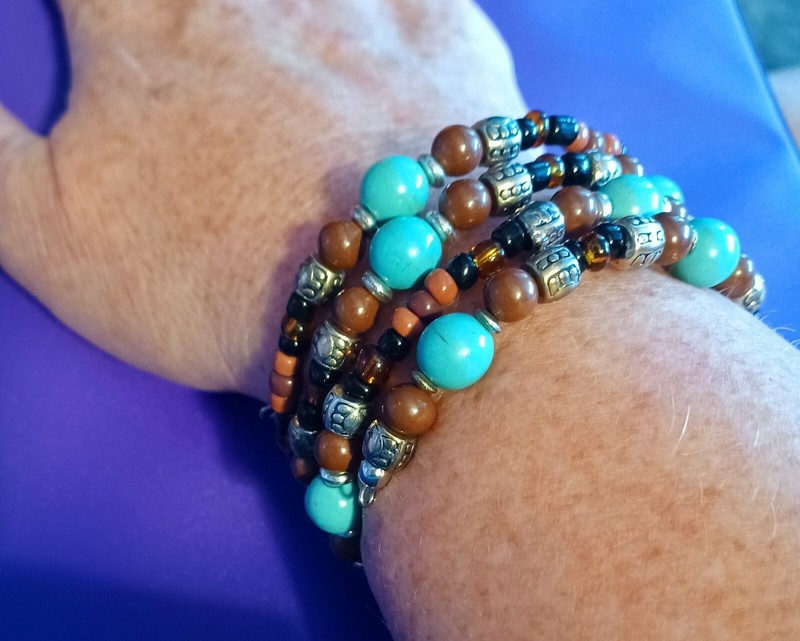 Turquoise Blue Magnesite Gemstone Brown Black Silver Memory Wire SW Bracelet gallery