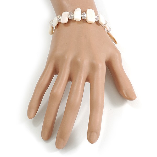 Transparent Glass and Off White Sea Shell Bead Flex Bracelet - M/L gallery
