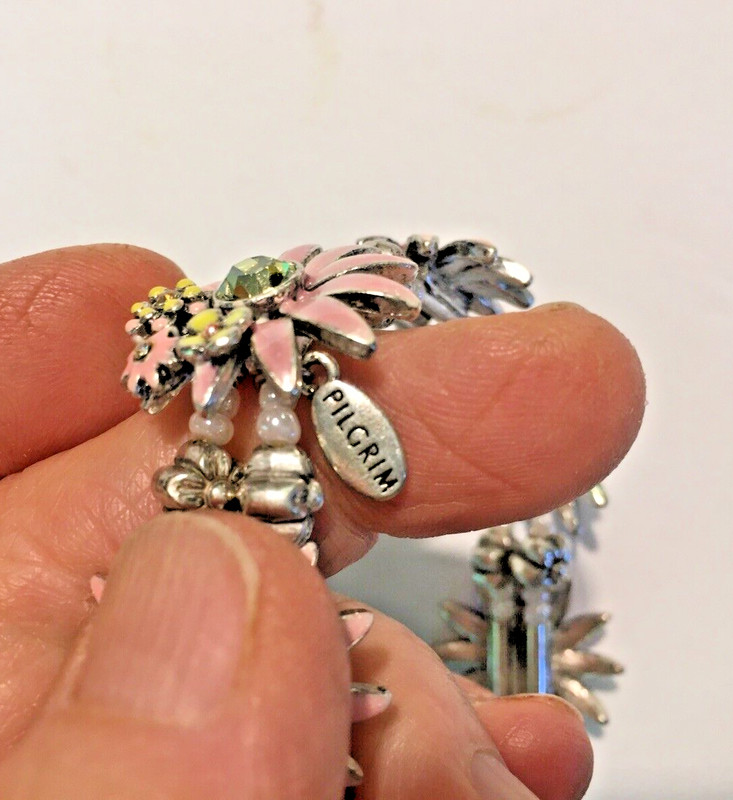 BRACELET Pink ENAMEL DAISY FLOWER CRYSTALS Pilgrim Silver Plated Denmark Stretch gallery