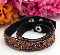 Brown Goldstone Chip Black Faux Leather Double Wrap Bracelet Smoky Crystal