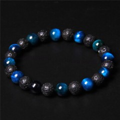 Black Lava Rock Multicolor Tiger’s Eye Round Gems Beads Elastic Bracelet 7.5”