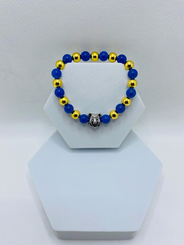 Bruins Bracelet: Blue Agate, Gold Hematite, Bear Charm Ucla Graduation Bracelet gallery
