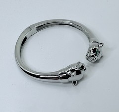 Silvertone Panther Double Head Green Eyes Cuff Bracelet