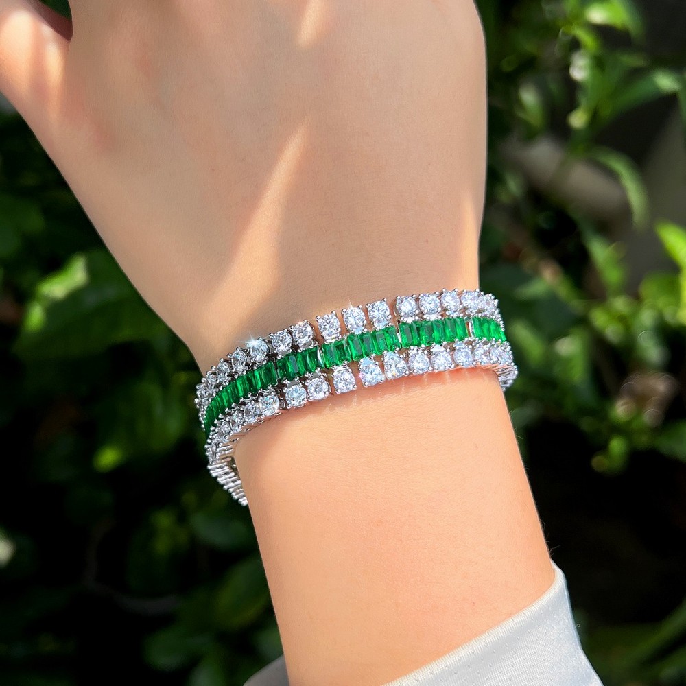 Silver Plated Cubic Zirconia Green Round Tennis Wide Wrap Bracelet Women Party