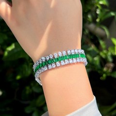 Silver Plated Cubic Zirconia Green Round Tennis Wide Wrap Bracelet Women Party