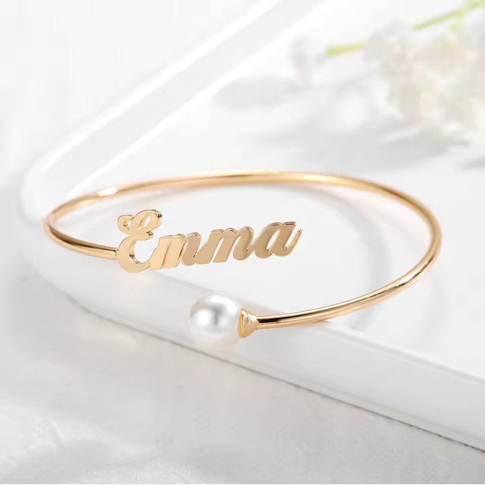 Custom Name Pearl Bracelet Stainless Steel Jewelry Adjustable Bangle Silver Gold