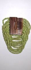 Olive Green Glass Bead Multistrand Flex Bracelet With Wooden Closure 8.25″x 2″
