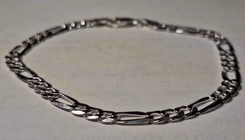 PLUX 925 Sterling Silver Figaro Chain Bracelet 7.5", Lobster Clasp, Signed gallery