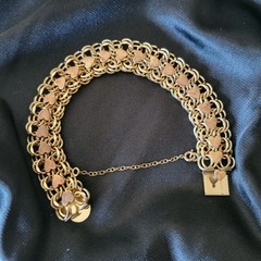 Gold Tone Heart Dangle Charm Chain Bracelet Love Theme Box Clasp Safety Chain
