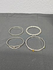 Silver Tone Bangle Bracelet Lot 4pc Stack Textured Twisted Rhinestone Hinged Set