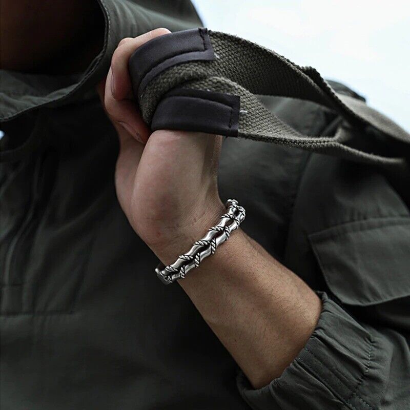 Men Bracelet Adjustable Open Bracelet Handmade Vintage Twist Cuff Silver Gift US gallery