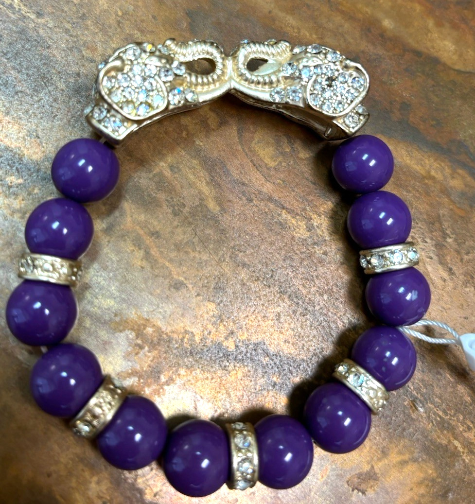 Beautiful Elephant Deep Purple Bead Stretch Bracelet Crystals One Size Fits Most gallery