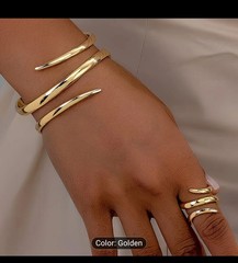 Gold Tone Cuff Bracelet Ring Set Women Geometric Line Combination Jewelry