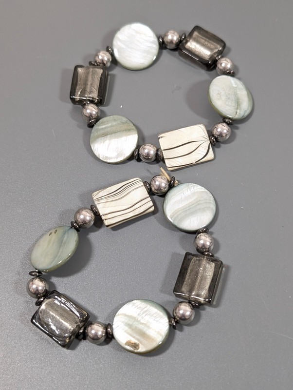 Set of 2 Gray Dichroic Glass Square Round Shell Stretch Bracelets Boho Coastal gallery