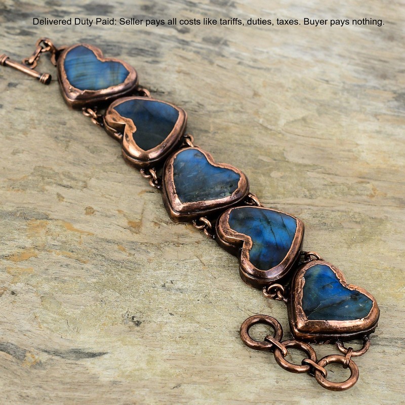 Black Friday Sale Natural Labradorite Bezel Chain Electroformed Bracelet Copper gallery