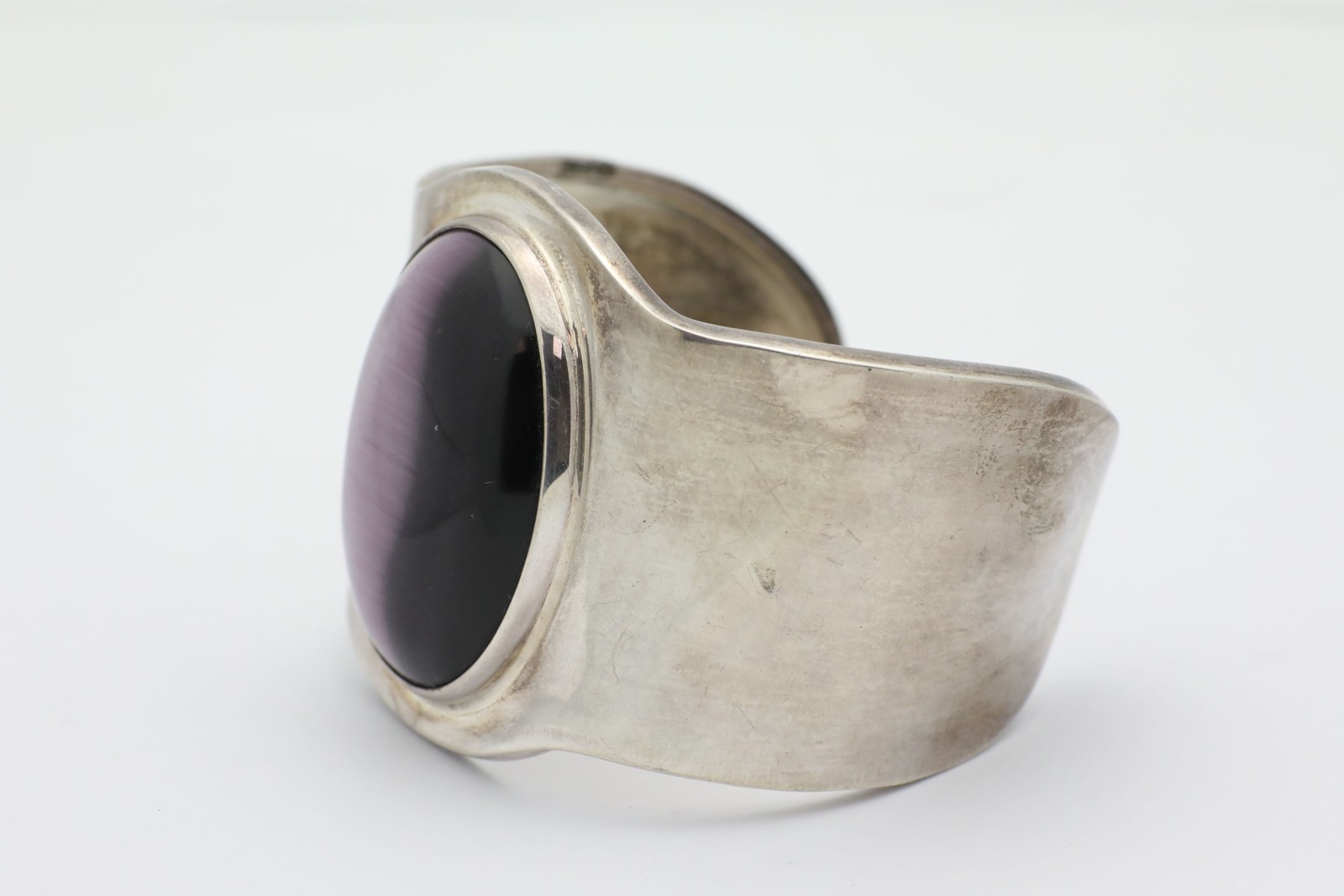 Vintage 1980’s Chunky Mexican 925SS Cuff Bracelet w/ Purple Manmade Stone gallery
