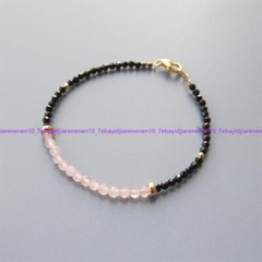 Faceted 3mm Black Spinel & 4mm Pink Jade Round Gemstone Beads Bracelet 7.5”