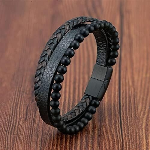 Men's Black Onyx Beads Gemstone Braided Leather Bracelet Magnetic Clasp Bangle gallery
