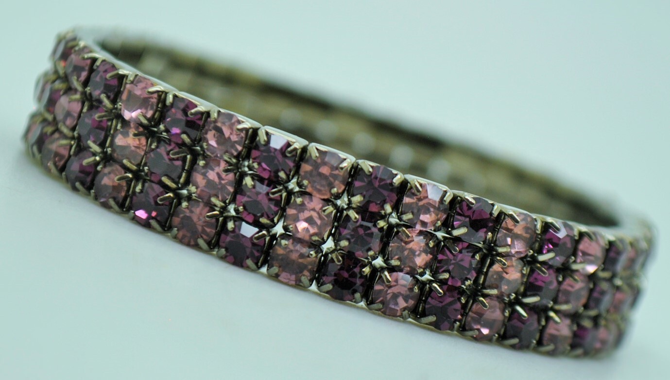 3Row purple & dark multi color Rhinestone Black nickel Stretch fashion Bracelet gallery