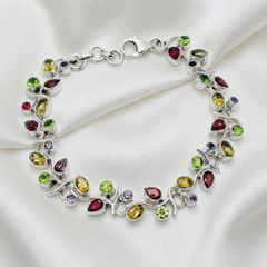 925 Sterling Silver Natural Multi Gemstone Vine Bracelet Cluster Jewelry