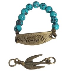 Faux Blue Turquoise Bracelet Brass Tone Charms 2 In 1 Bracelet Dove, Live Simply