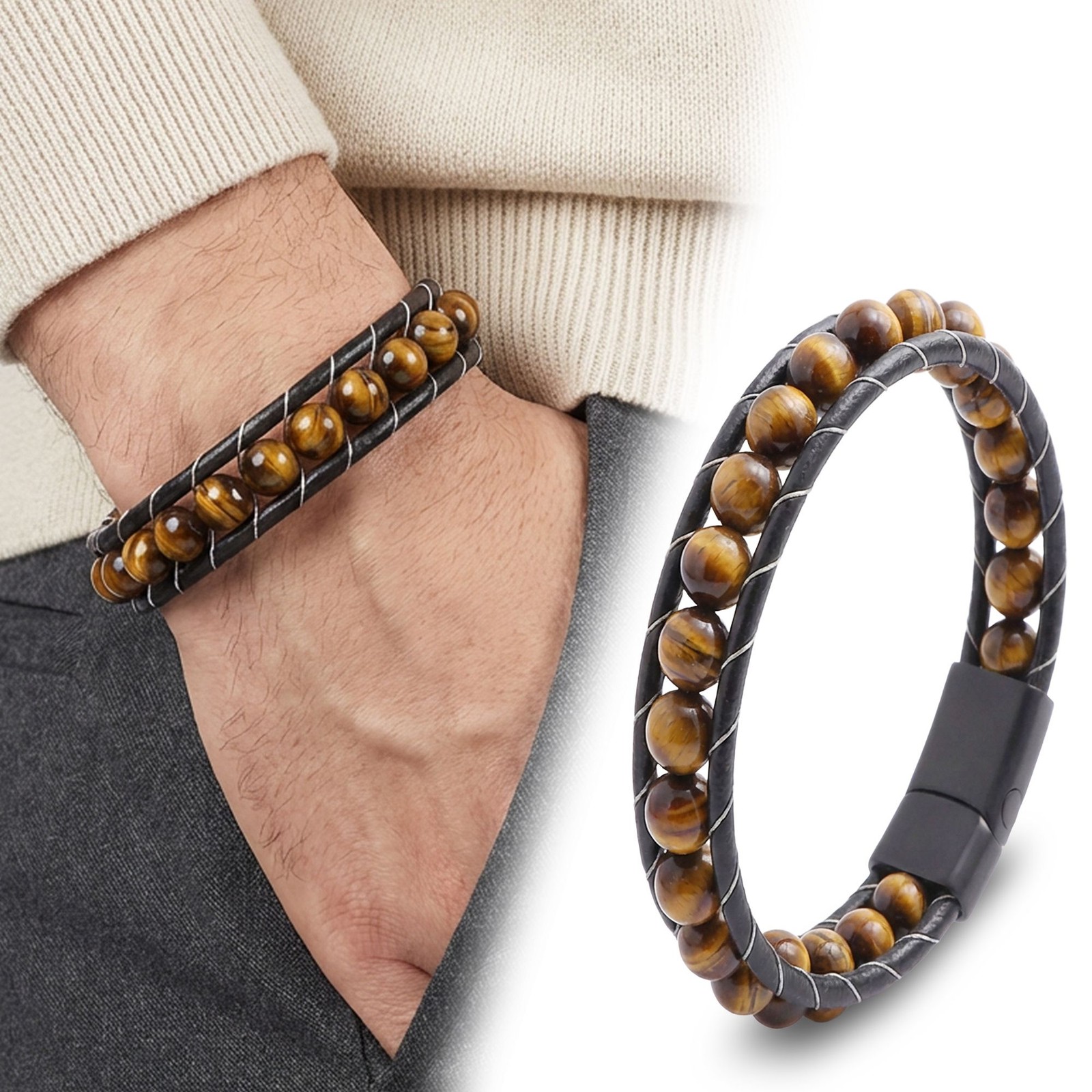 Tiger's Eye Gemstone Men's Leather Bracelet gallery
