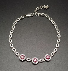 Genuine 925 Sterling Silver Brilliant Red Ruby CZ Statement Bracelet 7.5″ Adj