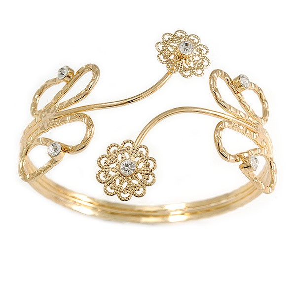 Textured Flowers & Twirls Crystal Upper Arm Bracelet Armlet in Gold Tone - Flex gallery