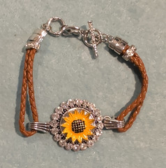 Brown Braided Faux Leather Bracelet Sunflower Dangle Charm Clear Stones Toggle