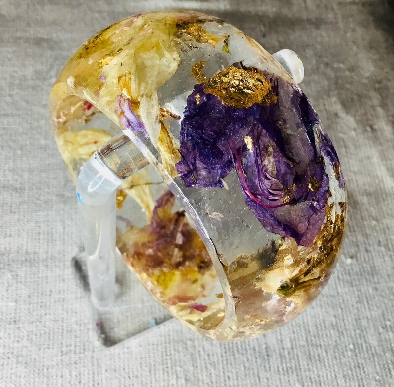 Rhododendron Bangle | Real Flowers Resin Bracelet with Yellow & Purple Blooms | gallery
