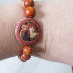 Boho Vintage Style Red Wood Beaded Bracelet with Lady Portrait Focal Bead