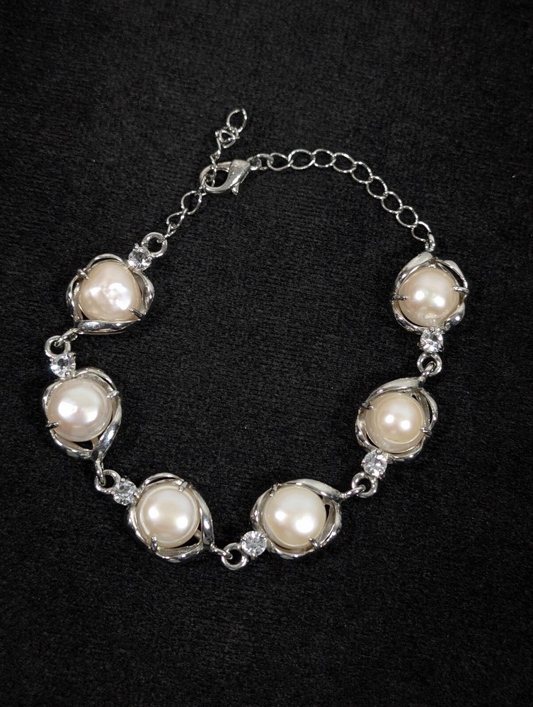 Silver Tone Baroque Button Pearl Rhinestone Tennis Bracelet Bridal Wedding 9 in