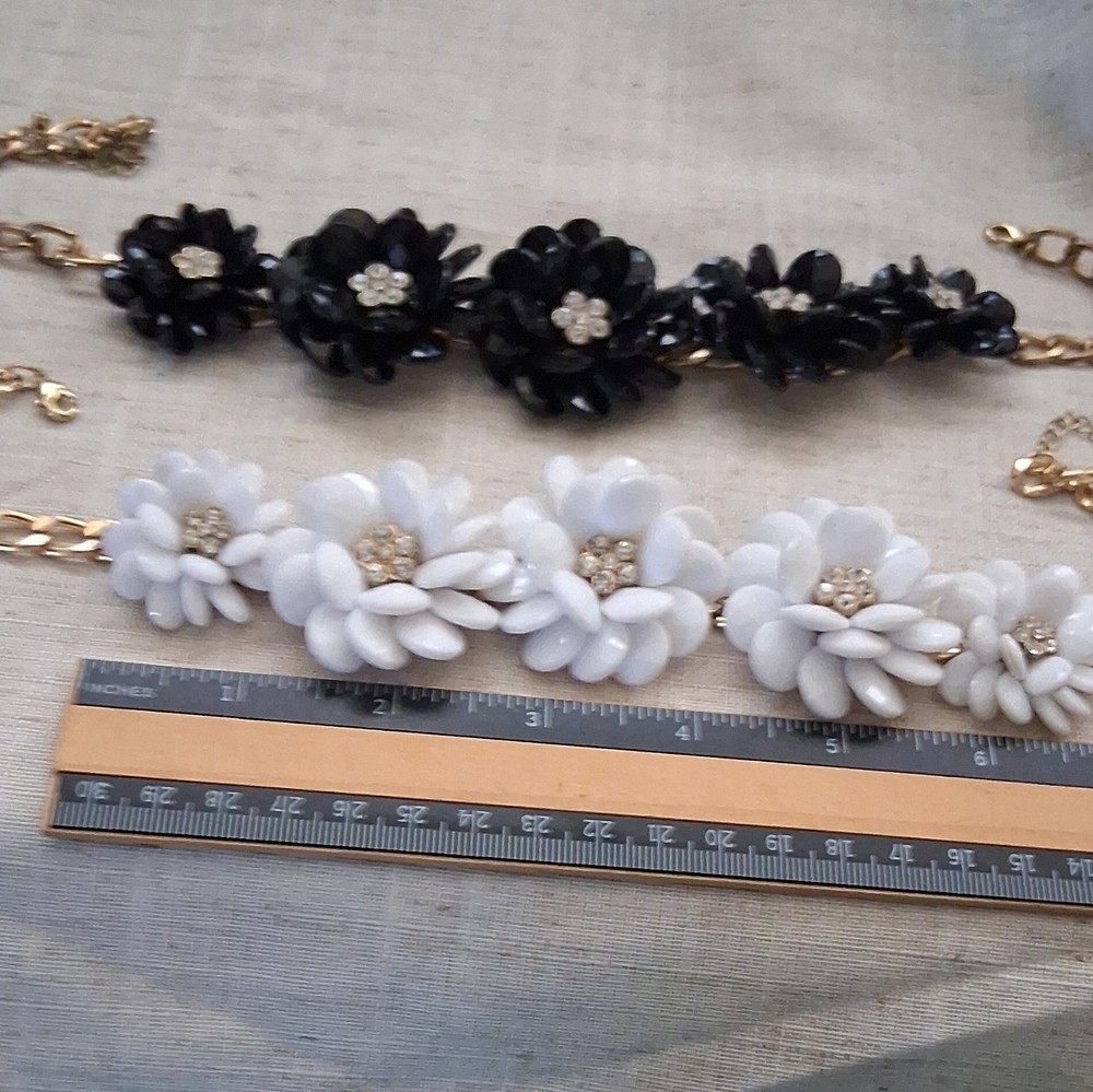 Gold Tone Curb Chain Charm Bracelets, Black & White Flower, Clear Crystals